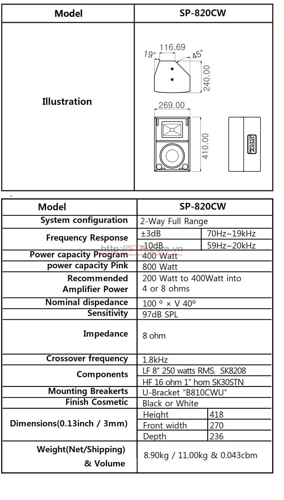 Loa vệ tinh full đơn 800W : STK SP-820CW