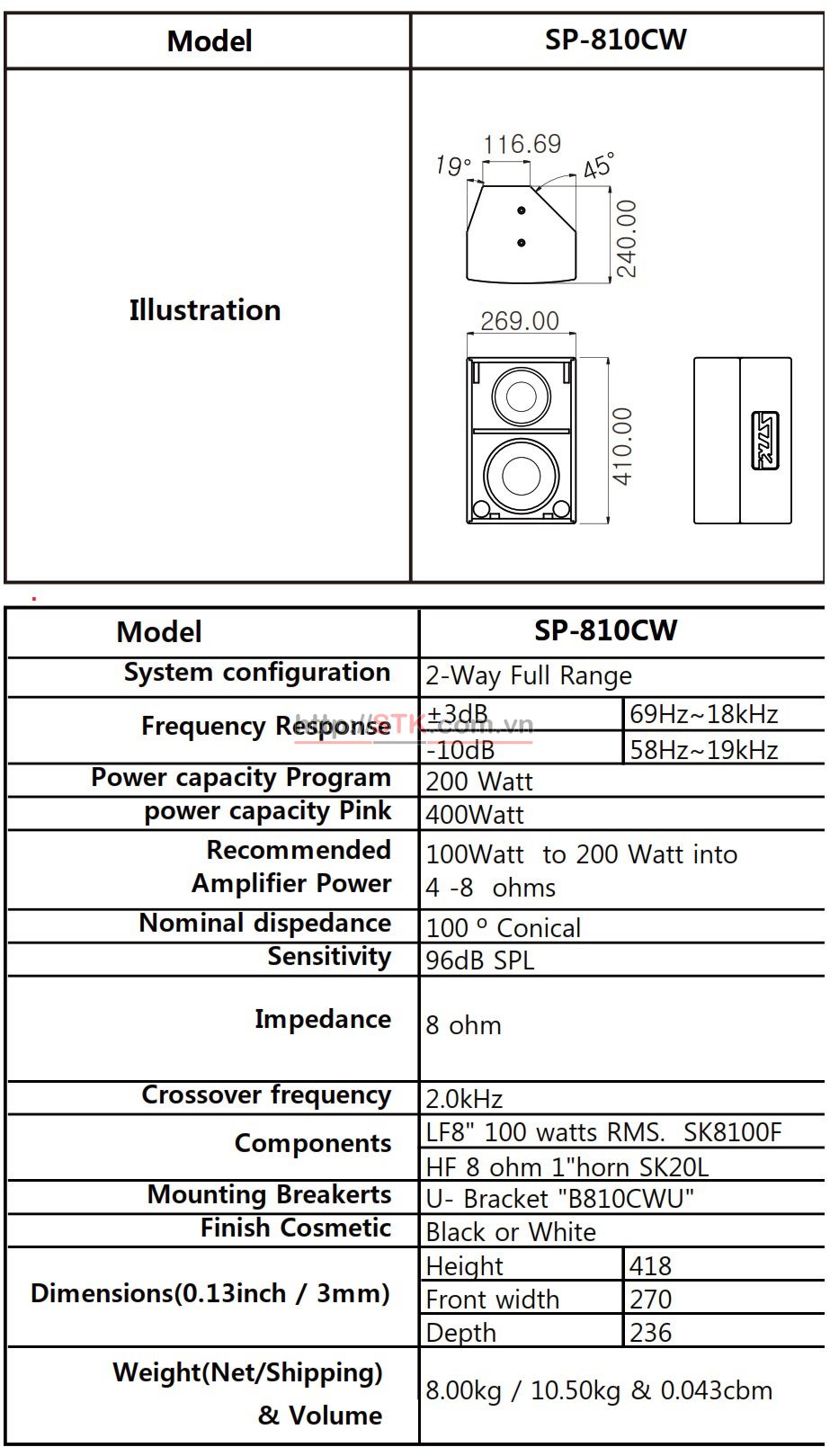 Loa vệ tinh full đơn 400W: STK SP-810CW